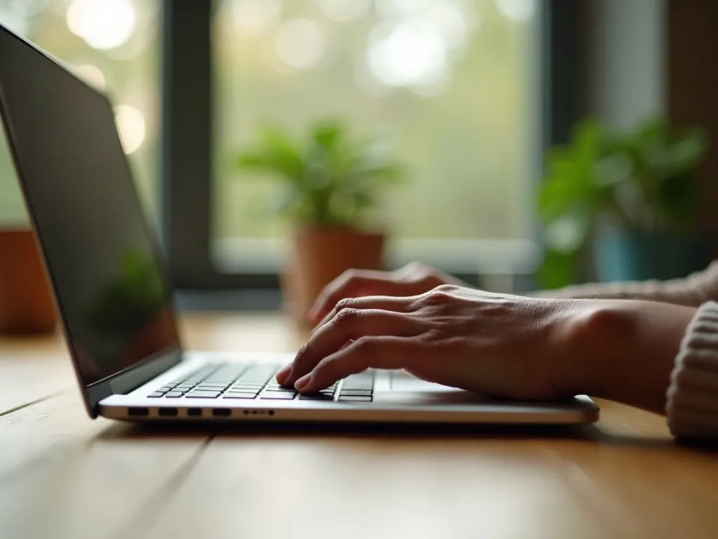 Hände tippen auf einem Laptop an einem hellen Holztisch